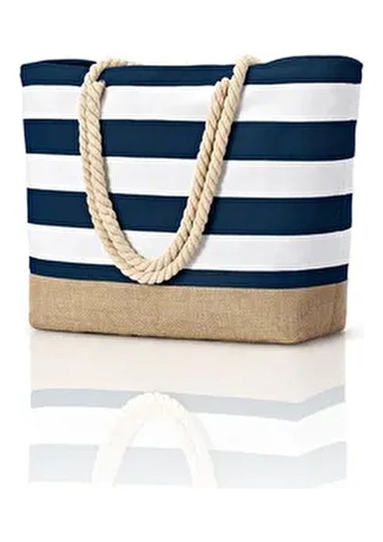 Lacivert Su ve Kum Geçirmez Özellikli Jüt Kumaş Detaylı Büyük Boy Plaj Çantası