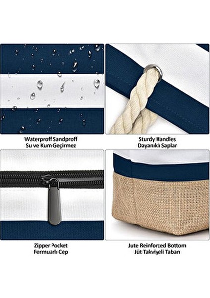 Lacivert Su ve Kum Geçirmez Özellikli Jüt Kumaş Detaylı Büyük Boy Plaj Çantası fiyatları