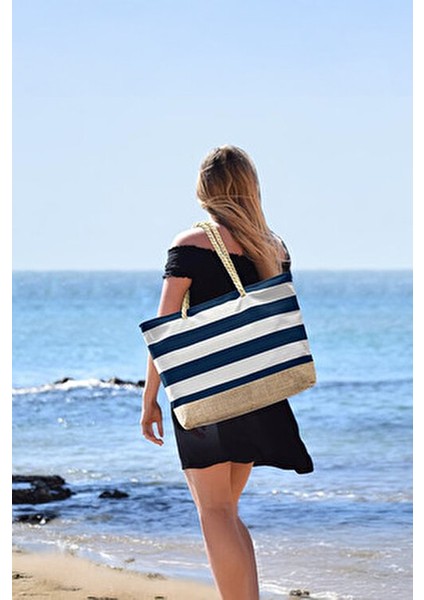 Lacivert Su ve Kum Geçirmez Özellikli Jüt Kumaş Detaylı Büyük Boy Plaj Çantası modelleri