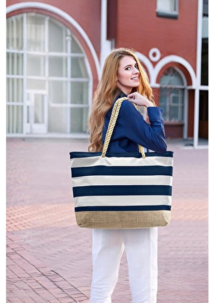 Lacivert Su ve Kum Geçirmez Özellikli Jüt Kumaş Detaylı Büyük Boy Plaj Çantası fırsatları