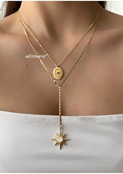 2'li Dekolte Kutup Yıldızı Kolye Kombin Zirkon Taşlı Sarı Maden Kadın Kullanıcılar İçin Özel Tasarım