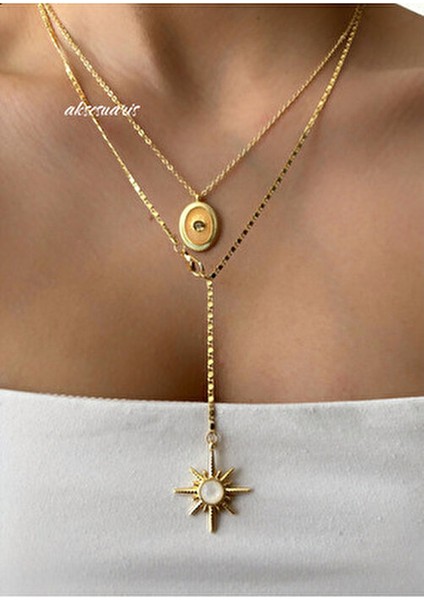 2'li Dekolte Kutup Yıldızı Kolye Kombin Zirkon Taşlı Sarı Maden Kadın Kullanıcılar İçin Özel Tasarım fiyatları