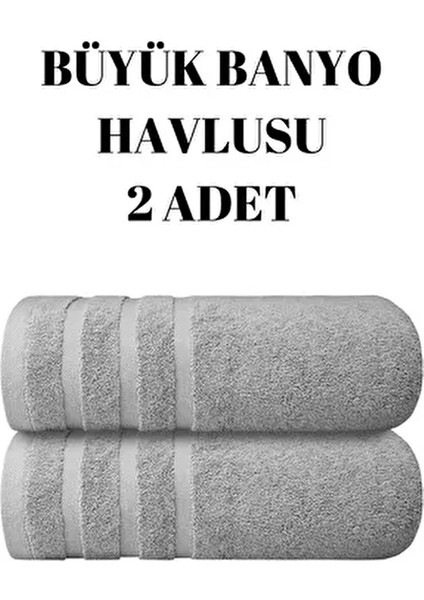Gri 2'li Set Büyük Boy Banyo Havlusu Duş Vücut Havlusu Yumuşak %100 Pamuk Çizgi Desenli