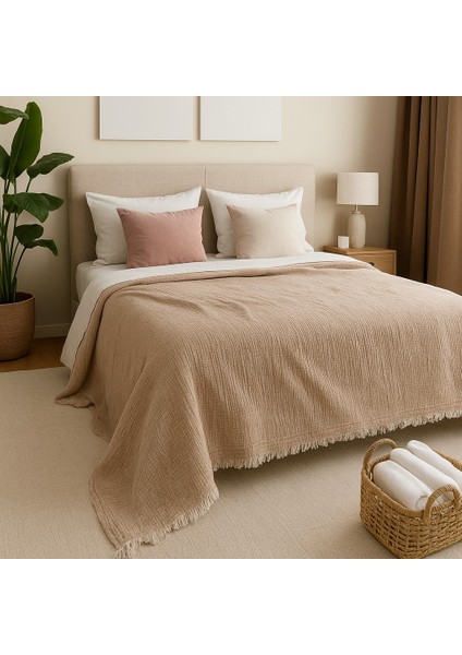 HB&Victory Müslin Yatak Örtüsü %100 Pamuk Vizon Renk Çift Kişilik 240X230 Cm.