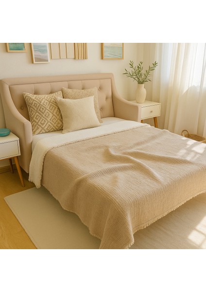 HB&Victory Müslin Yatak Örtüsü %100 Pamuk Vizon Renk Çift Kişilik 240X230 Cm.