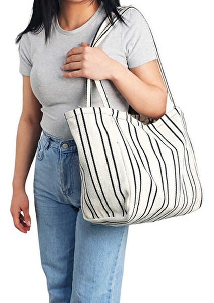 Woys Siyah Çizgili Desen Dokuma Plaj Çantası