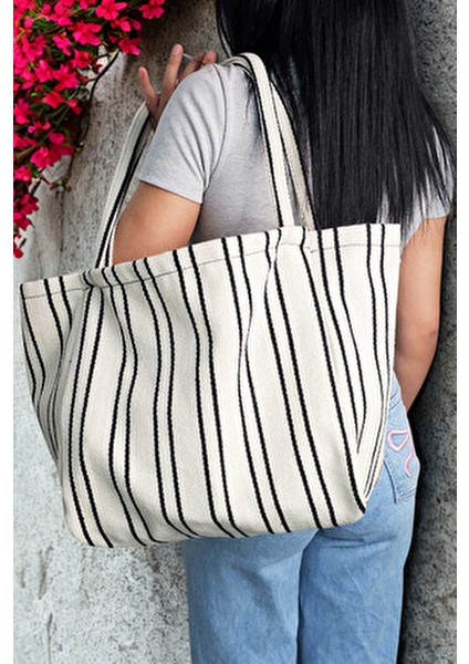 Woys Siyah Çizgili Desen Dokuma Plaj Çantası fiyatları