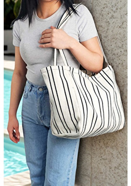 Woys Siyah Çizgili Desen Dokuma Plaj Çantası modelleri
