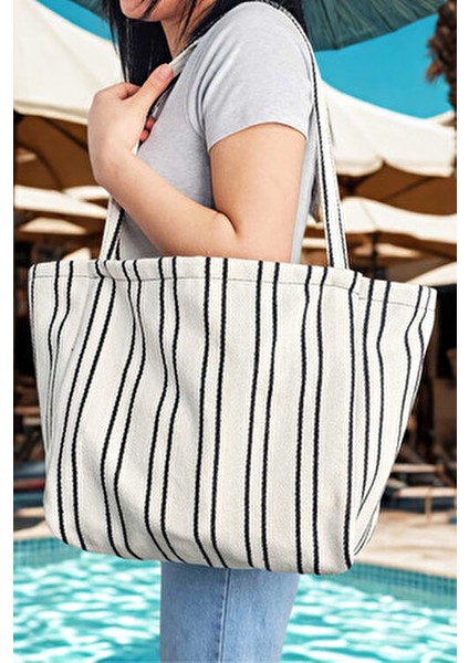 Woys Siyah Çizgili Desen Dokuma Plaj Çantası fırsatları