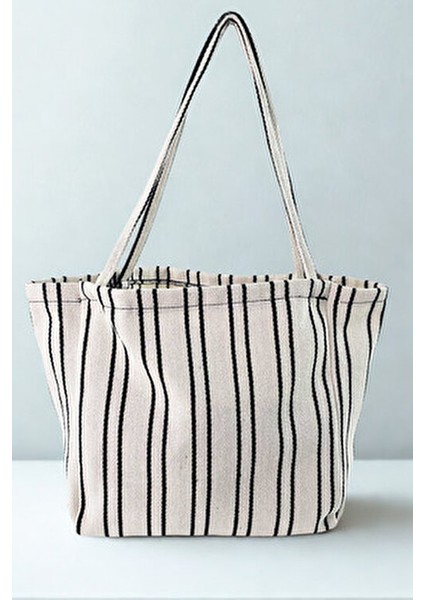 Woys Siyah Çizgili Desen Dokuma Plaj Çantası indirimleri