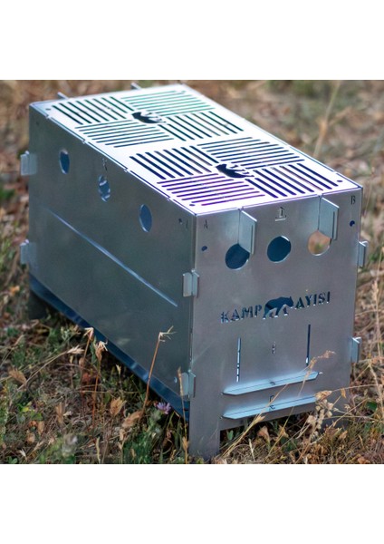 Kamp Ayısı® Pyrowide™ Geniş Katlanır Metal Ateş Kutusu - 2mm Gri Galvaniz Çelik, Çantalı, 39.5 x 26.5 x 21 cm