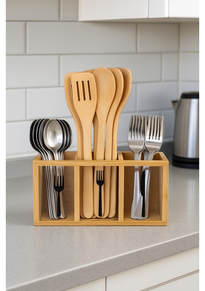 Tezgah Üstü Bambu Kașıklık 3 Gözlü Mutfak Tezgah Üstü Düzenleyici 26X9X13 cm