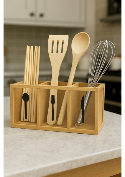 Tezgah Üstü Bambu Kașıklık 3 Gözlü Mutfak Tezgah Üstü Düzenleyici 26X9X13 cm modelleri