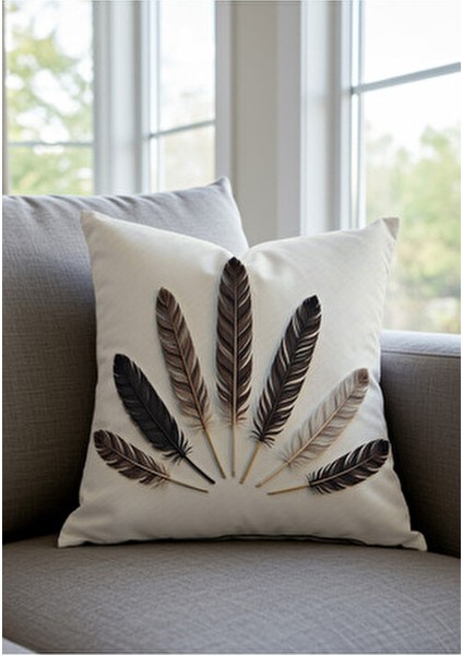 Krem Zemin Gri Şans Tüyü Desenli Dijital Baskılı Dekoratif 4lü Kırlent Kılıfı Seti modelleri