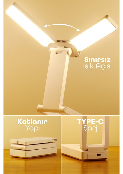 Katlanabilir Şarjlı Masa Lambası 40 LED 3 Renk Dokunmatik Ders Çalışma Okuma Işığı PR18
