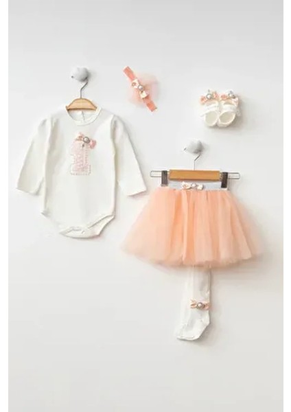 Kız Bebek Doğum Günü Parti Kıyafeti Uzun Kollu Tütü Elbise Set Bej