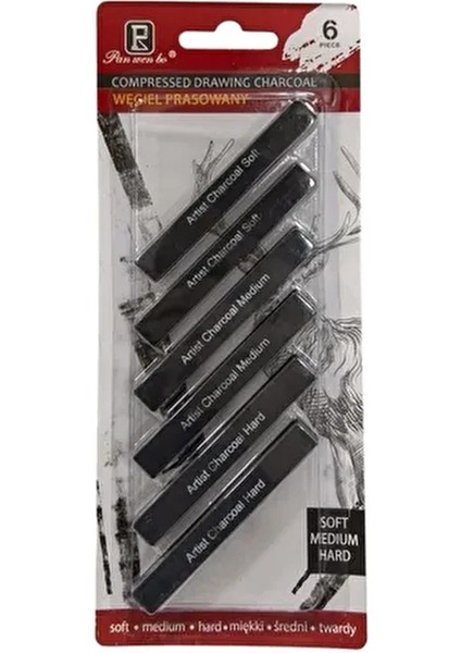 6'lı Yassı Kömür Kalem Compressed Drawing Charcoal / Sıkıştırılmış Çizim Kömürü - Soft Medium Hard