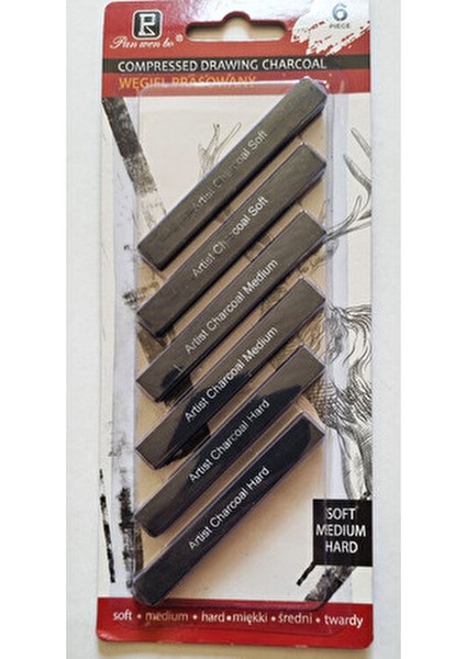 6'lı Yassı Kömür Kalem Compressed Drawing Charcoal / Sıkıştırılmış Çizim Kömürü - Soft Medium Hard modelleri