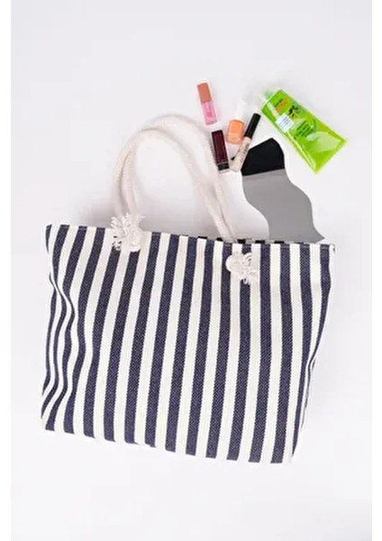 Çizgili Kanvas Kadın Plaj Çantası Omuz Çantası ( Fermuarlı)