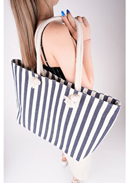 Çizgili Kanvas Kadın Plaj Çantası Omuz Çantası ( Fermuarlı) modelleri