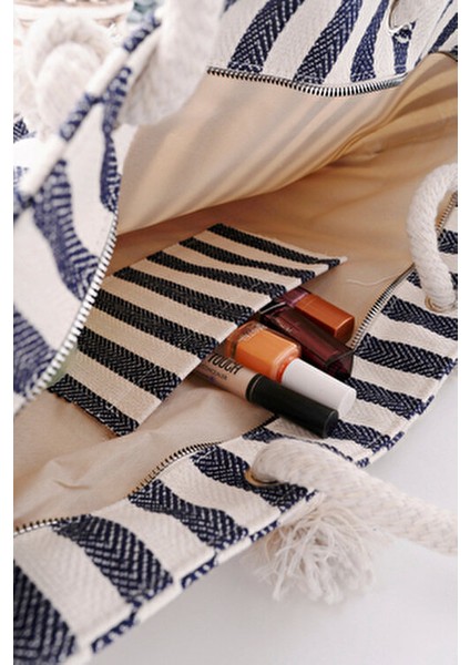 Çizgili Kanvas Kadın Plaj Çantası Omuz Çantası ( Fermuarlı) fırsatları