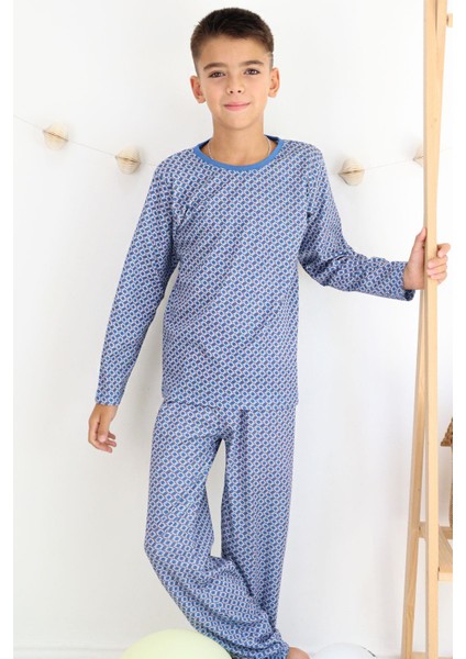 Erkek Çocuk Pijama Takımı Kare Desenli 9-12 Yaş, Mavi