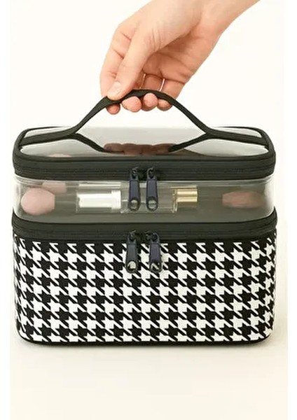 Kadın Makyaj Çantası İki Geniş Bölmeli Katlanabilir Seyahat Organizer Siyah-Beyaz