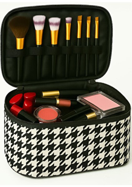 Kadın Makyaj Çantası İki Geniş Bölmeli Katlanabilir Seyahat Organizer Siyah-Beyaz modelleri