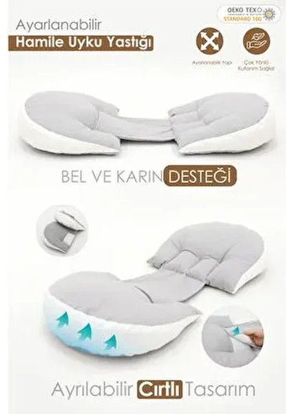 Hamile Uyku Yastığı , Ayarlanabilir, Bel , Emzirme ve Oturma Destek Yastığı, Gri