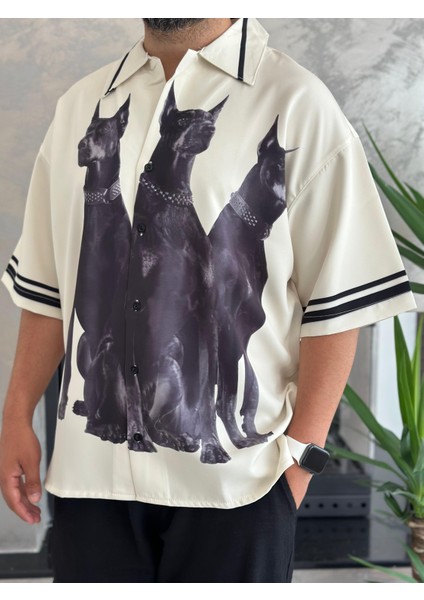 Erkek Oversize Kesim Dobermann Baskılı Gömlek ECA023 fırsatları