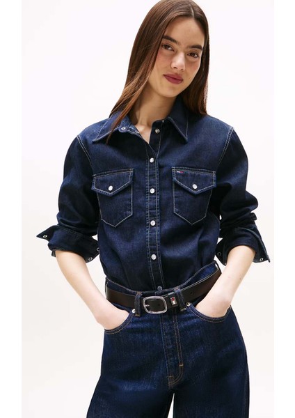 Kadın Uzun Kollu Denim Gömlek – Koyu Mavi