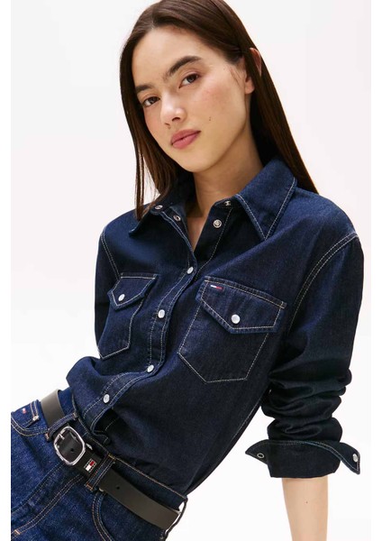 Kadın Uzun Kollu Denim Gömlek – Koyu Mavi fiyatları