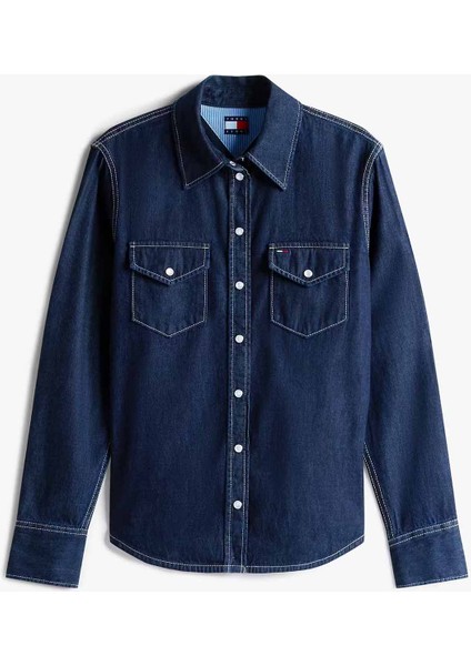 Kadın Uzun Kollu Denim Gömlek – Koyu Mavi indirimleri