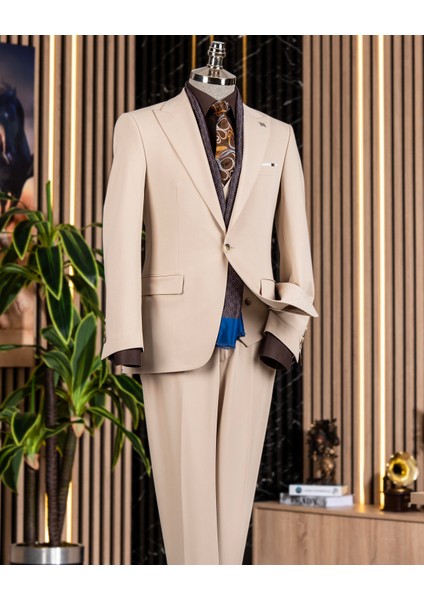 Italyan Stil Slim Fit Ceket Yelek Pantalon Takım Elbise Bej T13959