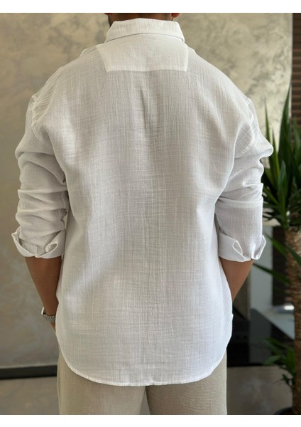 Erkek Oversize Kesim Keten Gömlek Beyaz ECA007 fırsatları