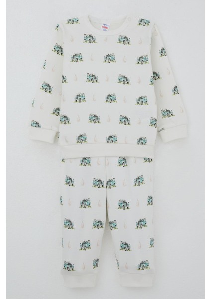 Erkek Bebek Pijama Takımı Omuzdan Patlı Macera Temalı Küçük Kaşif 4 Ay-1 Yaş, Ekru