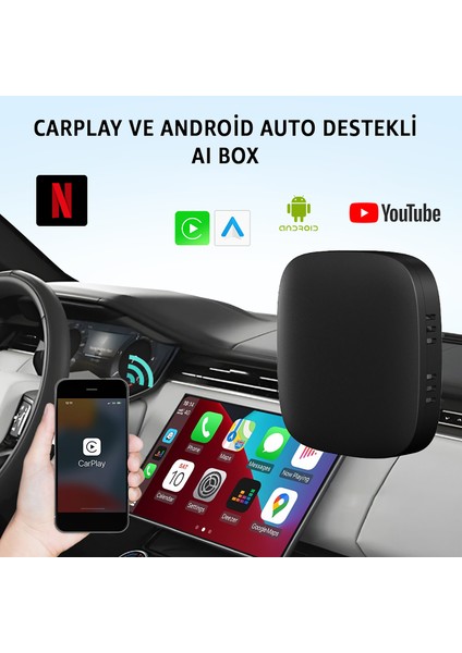 Kablosuz Carplay & Android Auto Akıllı Multimedya Kutusu – Android Tabanlı 2 GB Ram + 32 GB Rom Aı Box | Dual-Band Wi-Fi (2.4 Ghz & 5 Ghz) & Bluetooth ile Tak Çalıştır |