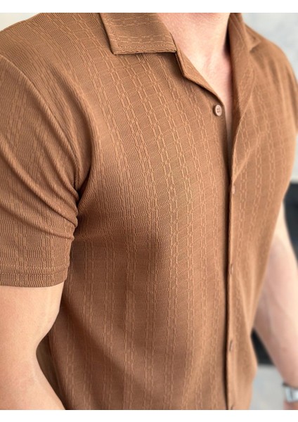 Erkek Slim Fit Dokulu Pamuklu Kısa Kol Gömlek Kahverengi ECA011 modelleri
