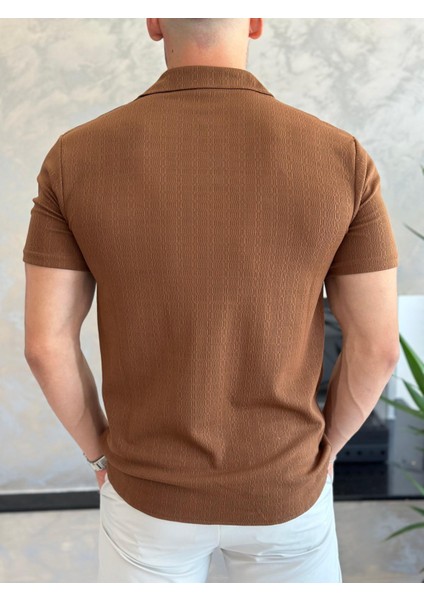 Erkek Slim Fit Dokulu Pamuklu Kısa Kol Gömlek Kahverengi ECA011 fırsatları