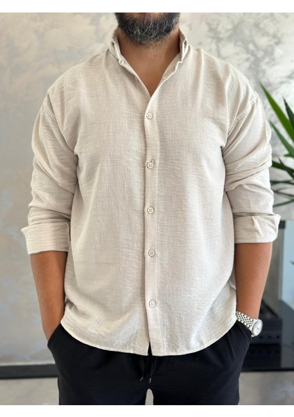 Erkek Oversize Kesim Keten Gömlek Bej ECA007