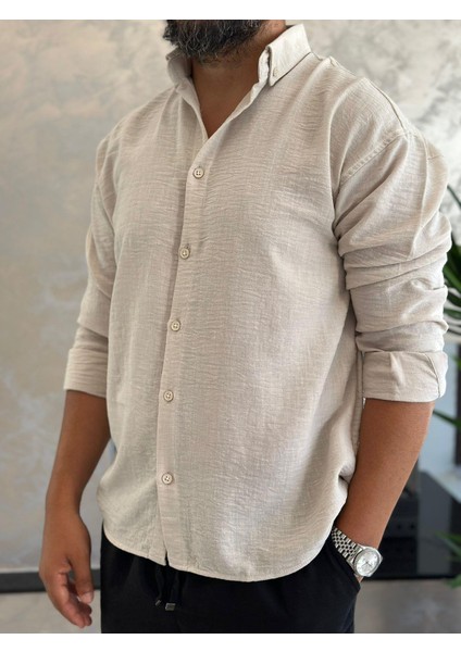 Erkek Oversize Kesim Keten Gömlek Bej ECA007 modelleri