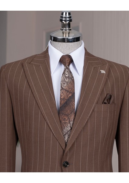 Italyan Stil Slim Fit Sivri Yaka Ceket Pantolon Takım Elbise Kahverengi T14258 fiyatları