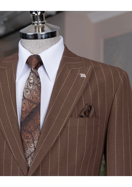 Italyan Stil Slim Fit Sivri Yaka Ceket Pantolon Takım Elbise Kahverengi T14258 modelleri
