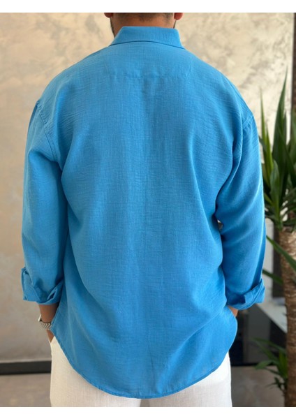 Erkek Oversize Kesim Keten Gömlek Mavi ECA007 fırsatları