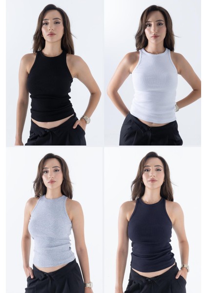 Fitilli Regular Fit Normal Kalıp Siyah-Beyaz-Gri-Lacivert Bisiklet Yaka Sıfır Kol Pamuklu 4'lü Kadın Atlet