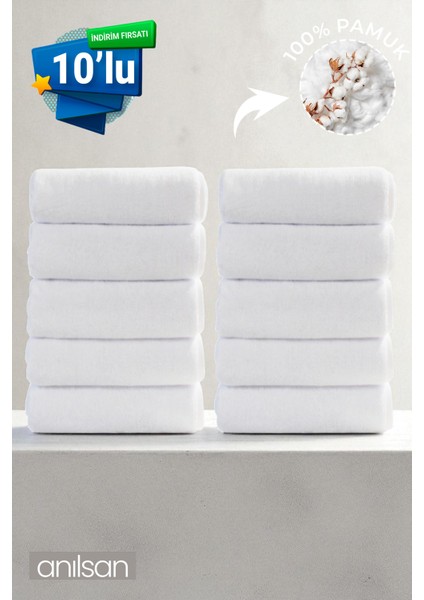 10'lu Beyaz El Havlusu - 50x90 Cm, 225 Gr, %100 Pamuk, Spa Ve Otel Havlusu, Günlük Kullanıma Uygun