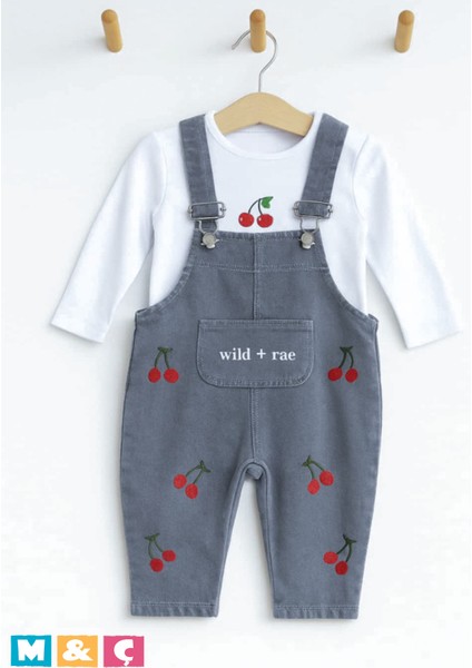 Kız Erkek Bebek Çocuk Jean Salopet 2' Li Kot Tulum Takim