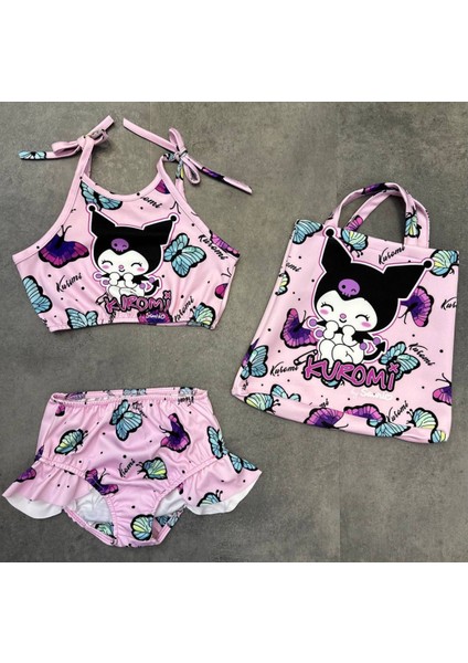 Kız Çocuk Kuromi Karakter Baskılı Bikini Takımı