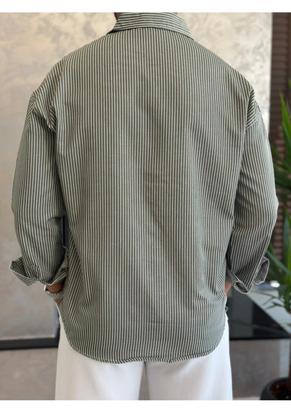 Erkek Rahat Kesim Çizgili Pamuklu Gömlek Yeşil ECA008 modelleri