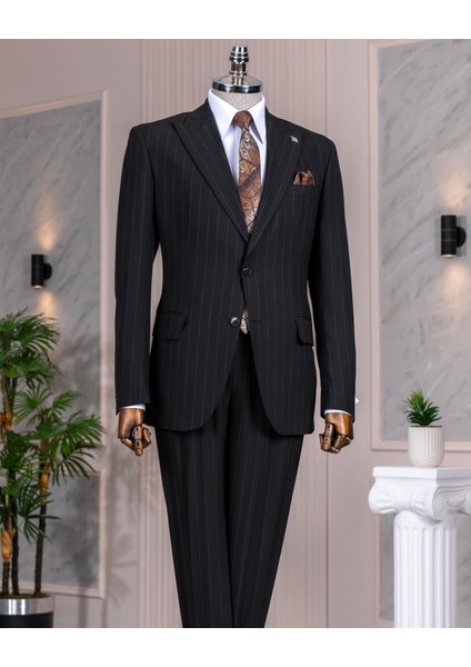 Italyan Stil Slim Fit Sivri Yaka Ceket Pantolon Takım Elbise Siyah T14253